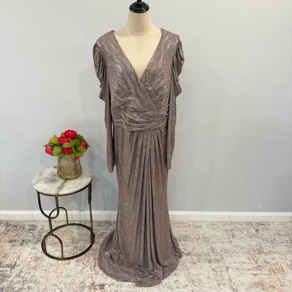 Mac Duggal 49503 Mauve Taupe Metallic Faux Wrap Draped Puff Sleeve Gown -Reemoly